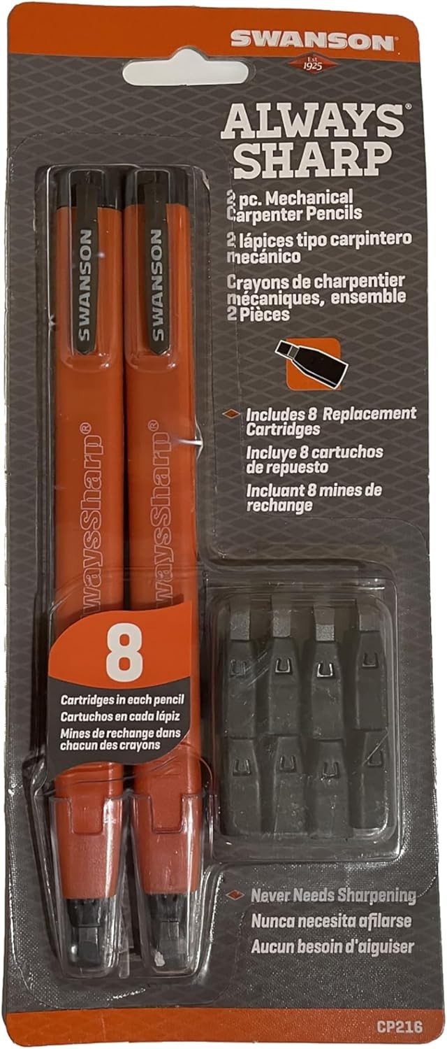Mechanical Carpenter Pencil, Two Pack, with 8 More Replacement Black Graphite T