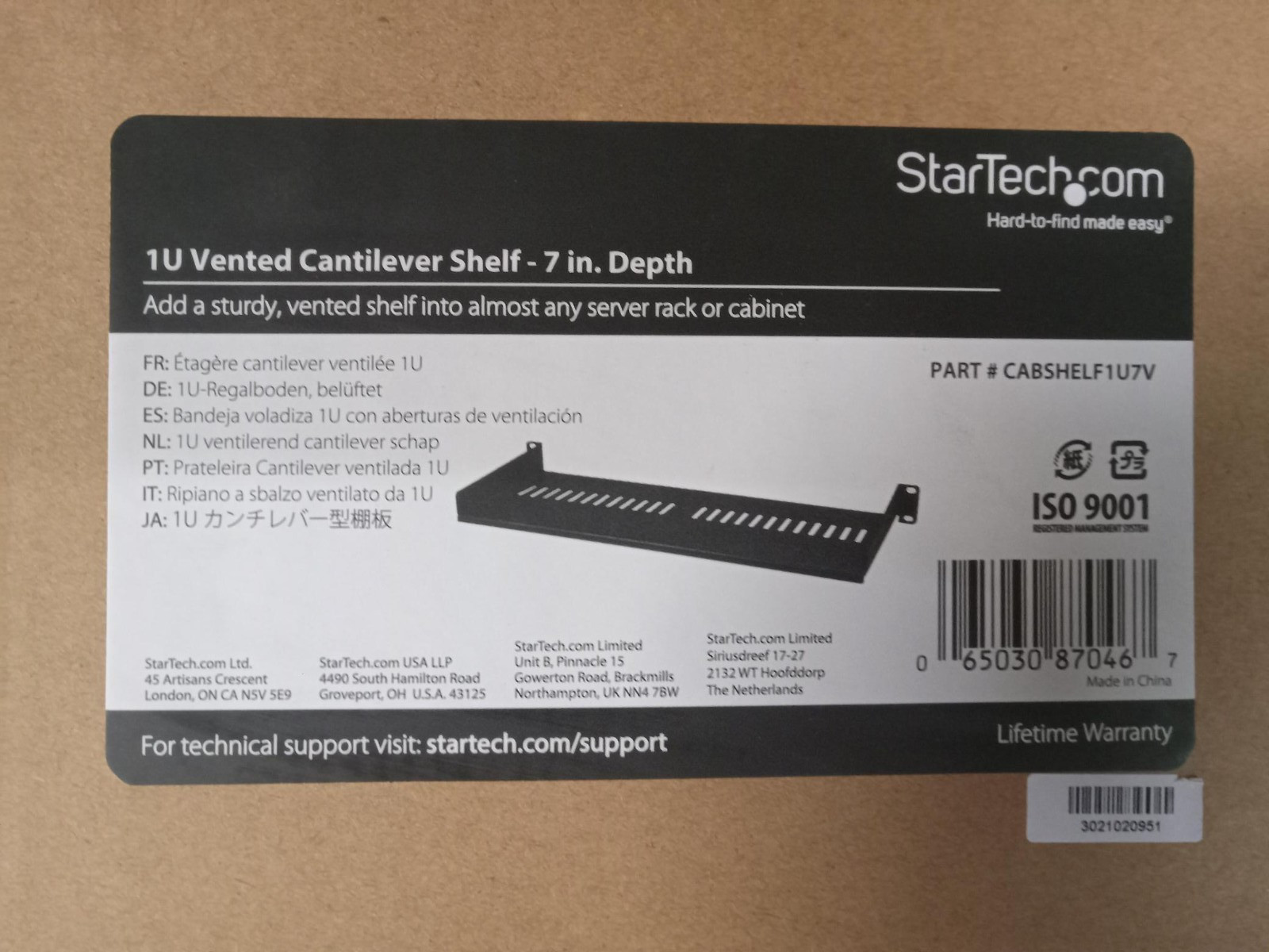 StarTech 1U Vented Cantilever Shelf w/ 7in Depth for Server Cabinets