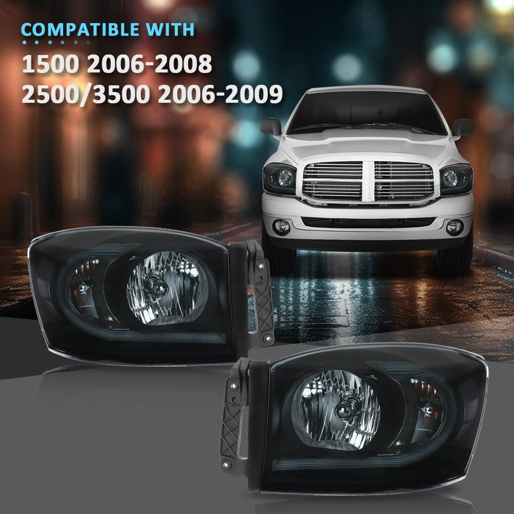 LED Headlights for 06-08 Ram 1500 & 06-09 Ram 2500 3500 Smoky Black Housing