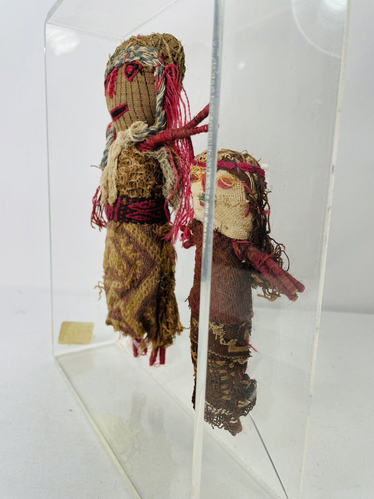 Peruvian Chancay Burial Dolls Funiary Brocade Pink Mounted Plexiglass Box Two