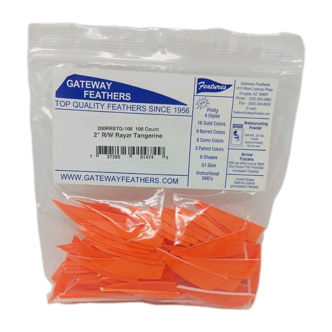 100 Pack Gateway Feathers 2" Right Wing: Rayzr Tangerine Orange 200RRSTG-100