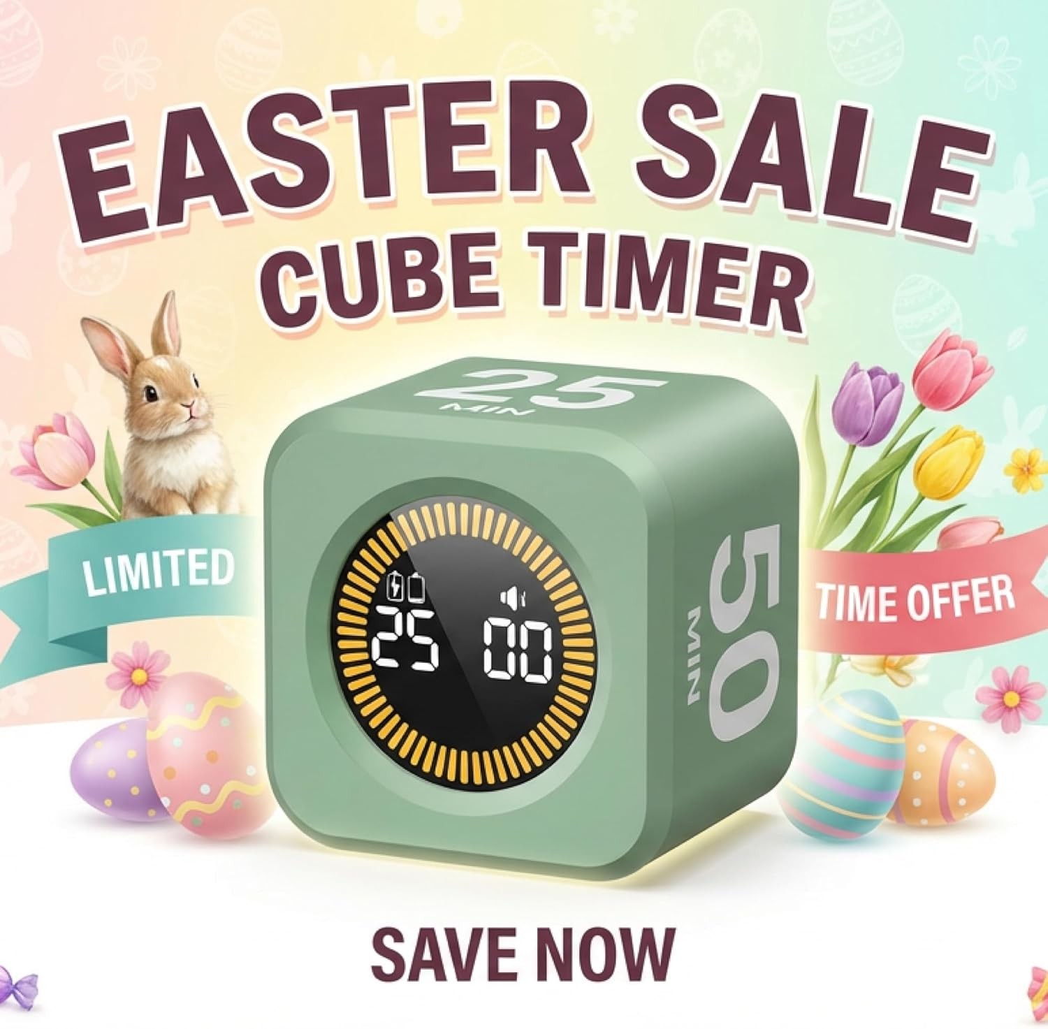 Visual Cube Timer for Productivity - Rotating Timer with 5/10/25/50 Min Settings
