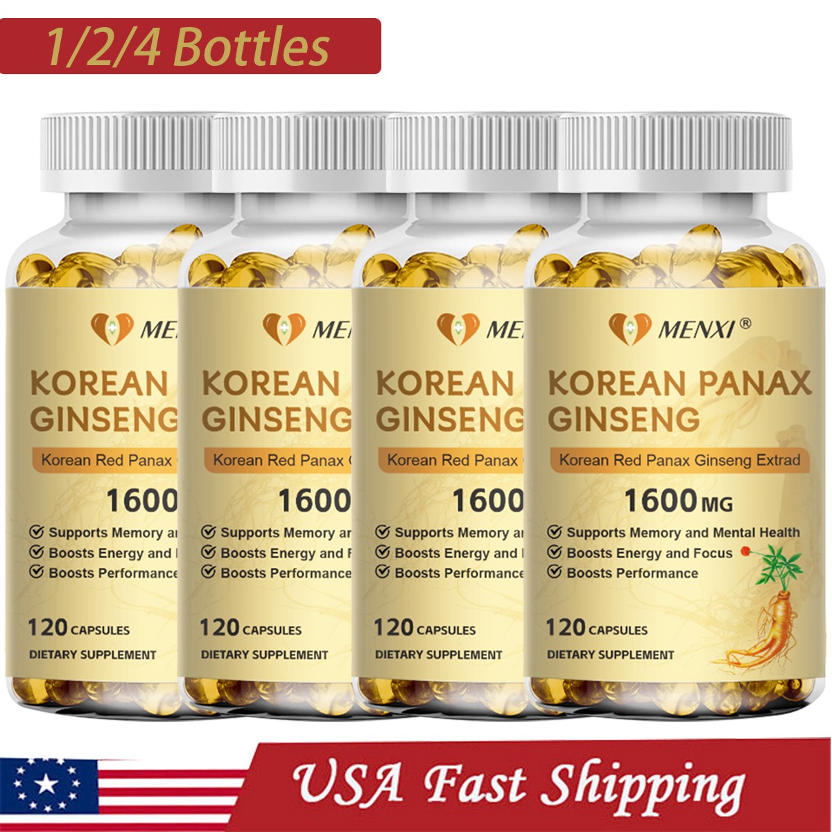 Red Korean Panax Ginseng 1600mg 120 Capsules - Energy/Endurance/Memory/Sex Drive