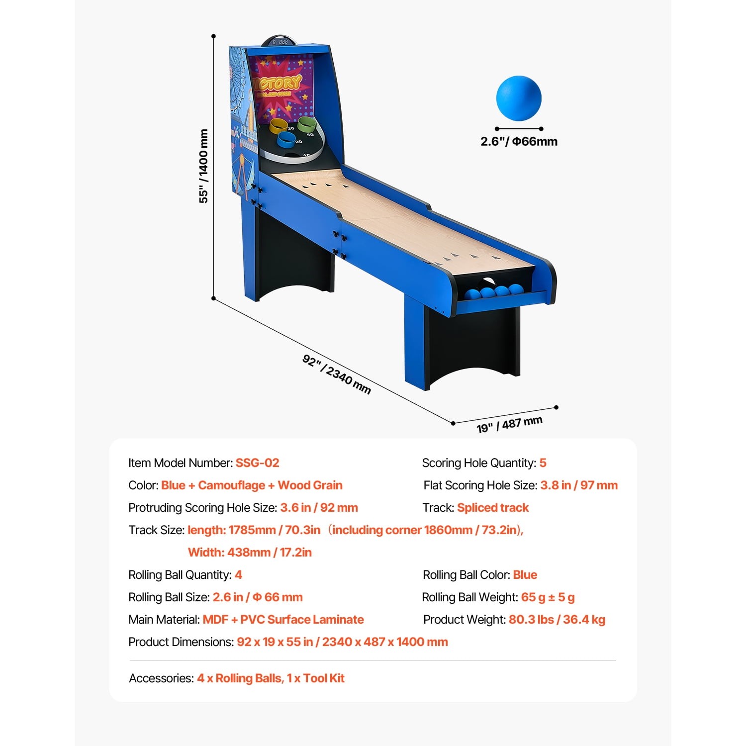 8' Scoring Rolling Traditional Arcade Game Table Indoor Arcade Scorekeeper