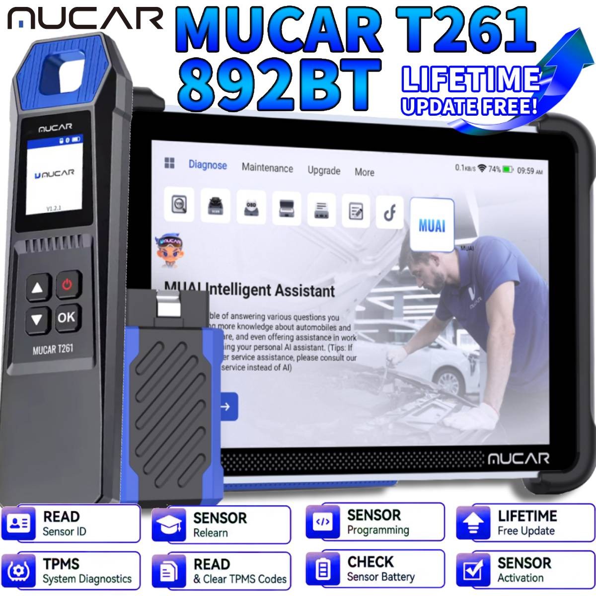 MUCAR 892BT+TPMS programmer T261 MUAI-Diagnostic Scanner CANFD & DOIP 35 Resets