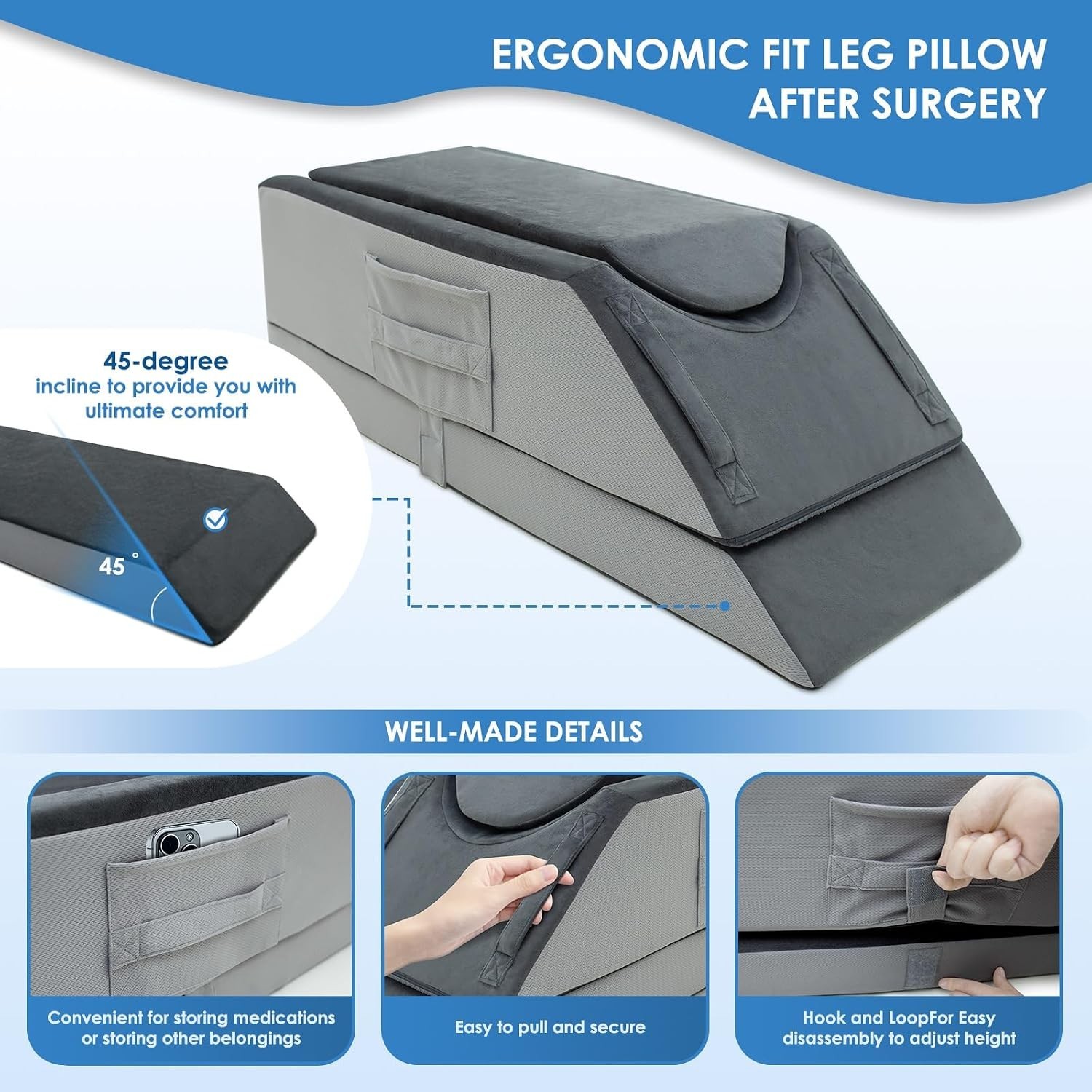 Adjustable Leg Elevation Pillow for Post-Surgery Recovery - 4 Heights, U-Shaped