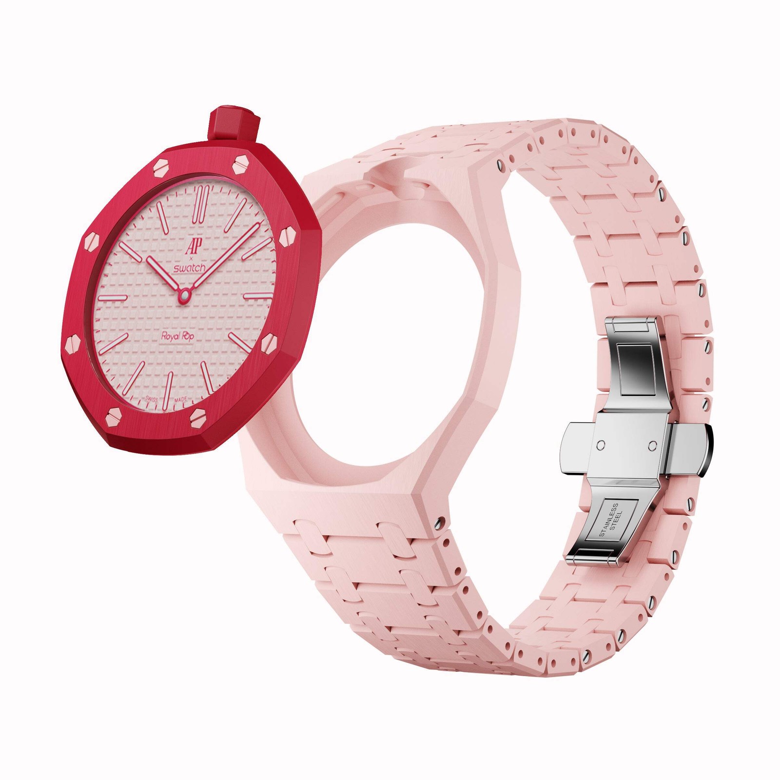 AP x Swatch Royal Pop Integrated Link Bracelet Band – Rosé Pink – Vertical Crown