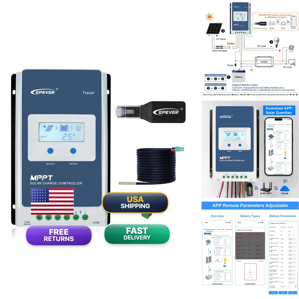 EPEVER MPPT 40A Solar Controller 12V/24V Auto WiFi for Lead-Acid LiFePO4