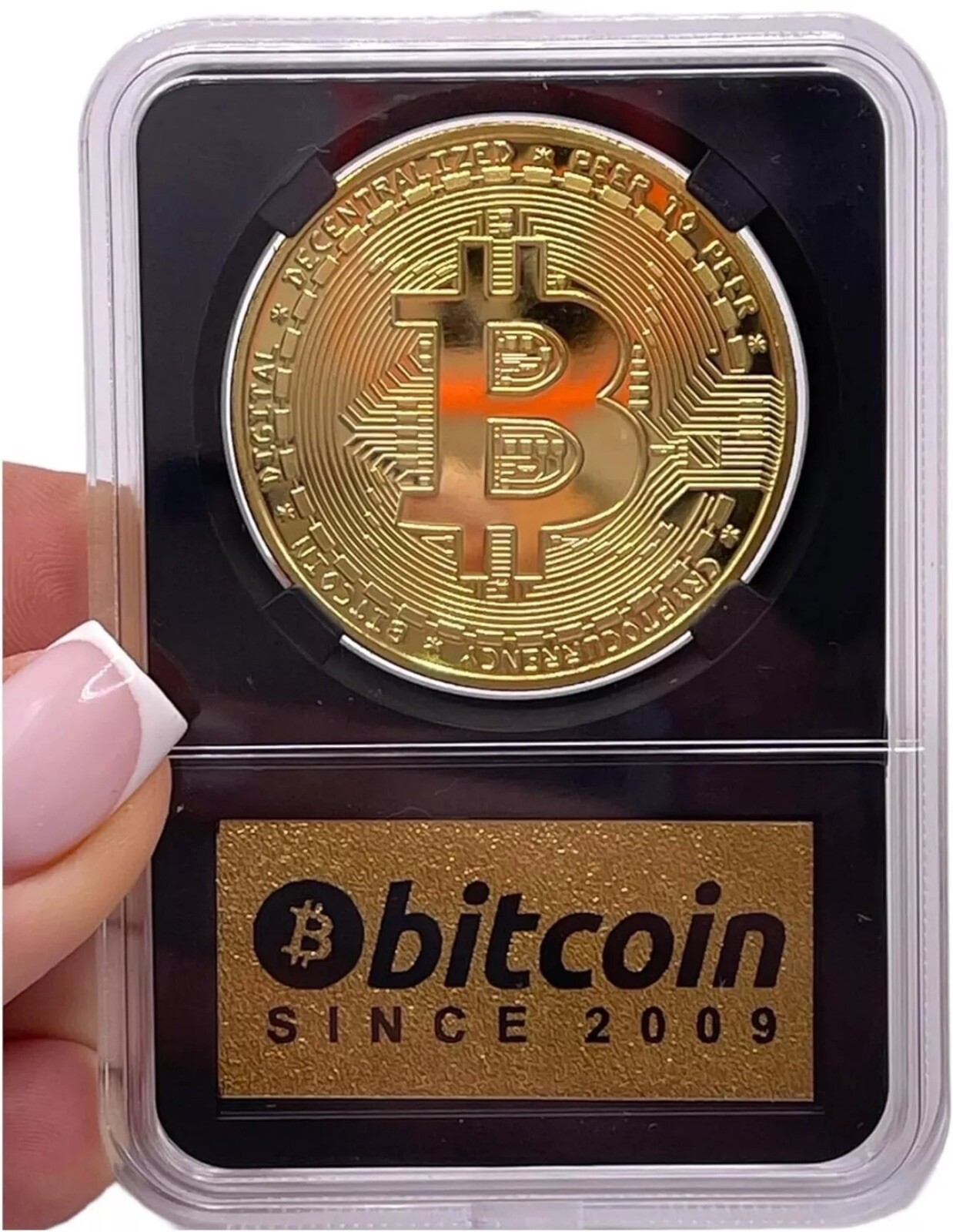 Lot Of 2 Bitcoin Physical Coin Metal Iron Golden Color In Protective Case