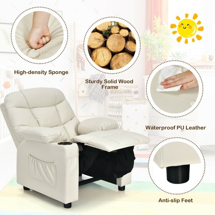 Kids Padded PU Leather Adjustable Recliner Chair W/Cup Holders & Storage Pockets
