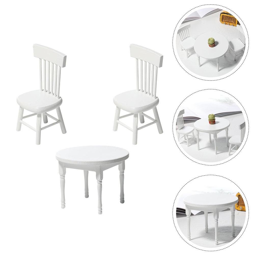 1 Set White Wooden Mini Desk Chair Model for Playhouse Accessory