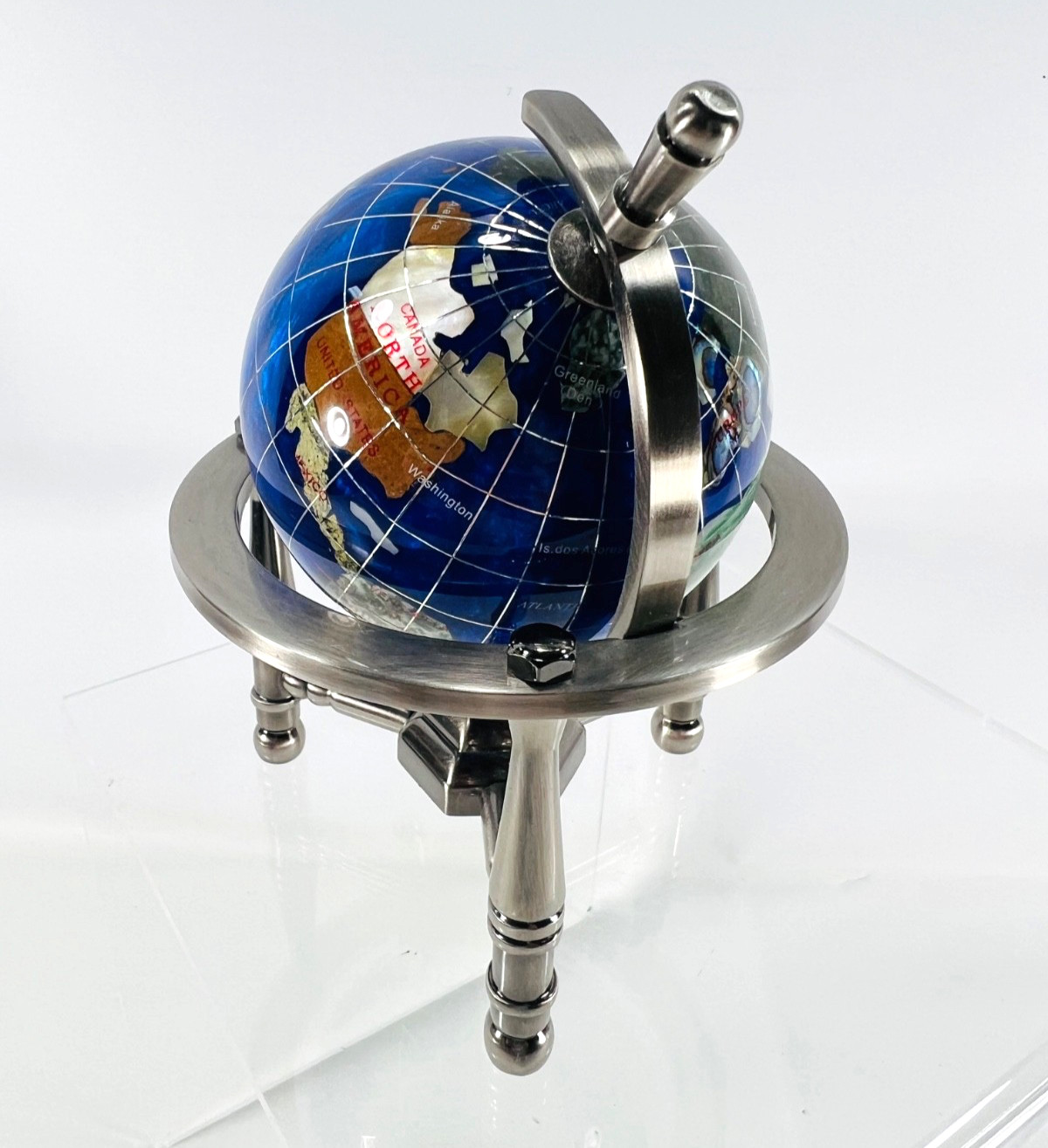 6" Mini black Gemstone World Globe with Silver Stand Tripod Office Desk Decor