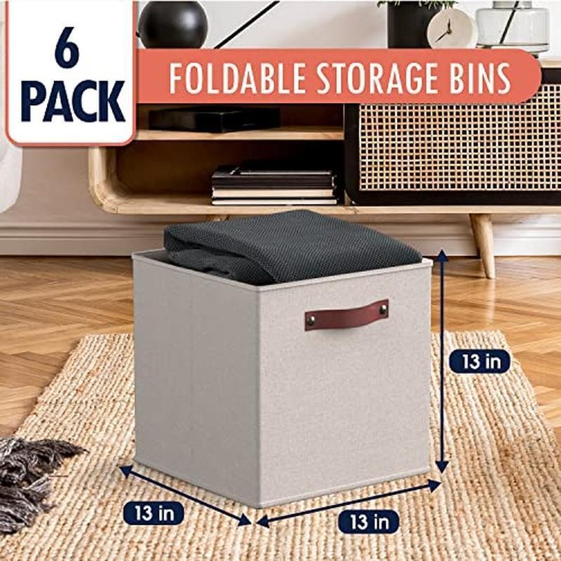 Foldable Storage Cube Bins 6 Pack Durable Fabric Box Organizer W/ Handles Beige