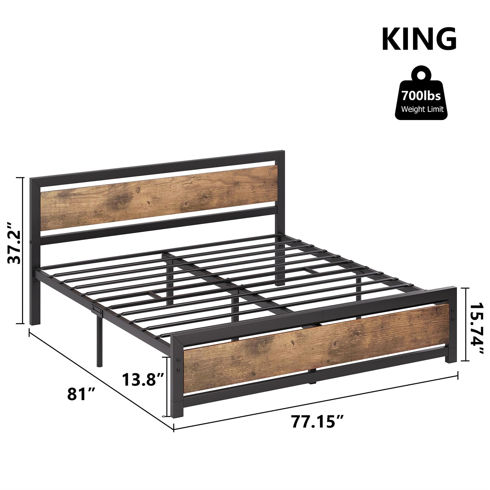 King Size Bed Frame W/Headboard Industrial King Platform Bedframe No Box Spring