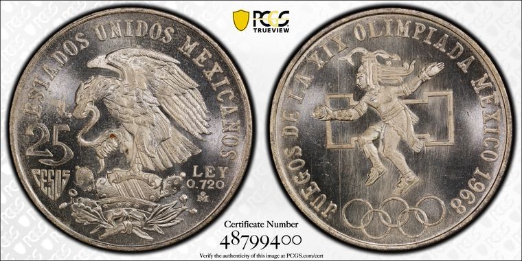 1968 Mo PCGS MS66 MEXICO - SILVER Olympic Type 1 25 Peso Coin - KM 479 #48306A