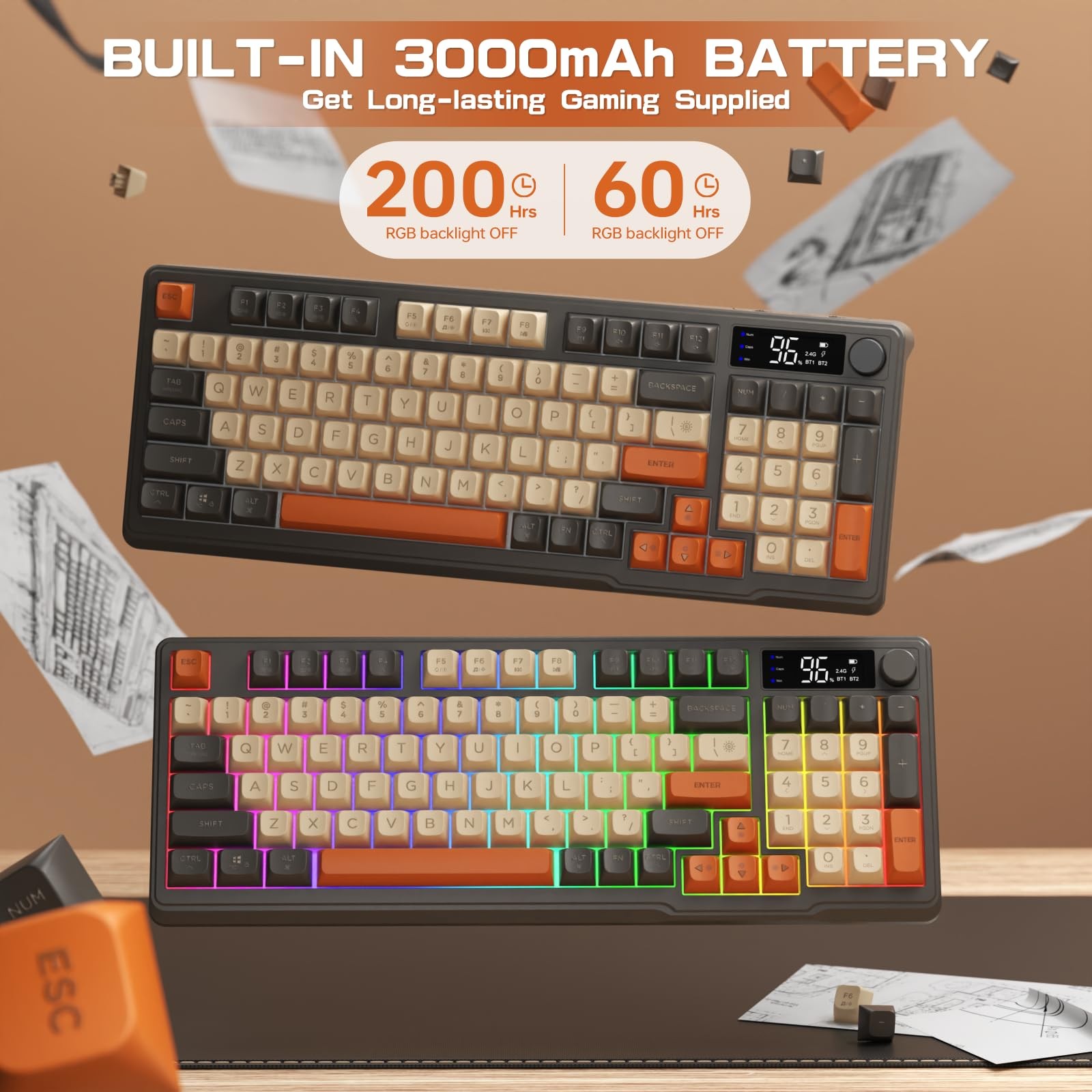 Wireless Gaming Keyboard with RGB Backlight, Bluetooth/2.4G, 94 Keys