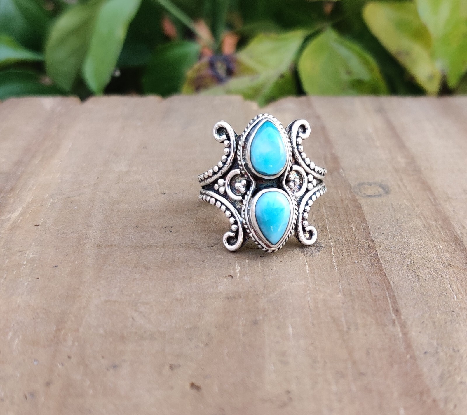 Larimar Gemstone Ring 925 Sterling Silver Adjustable Ring Silver Ring Boho Ring