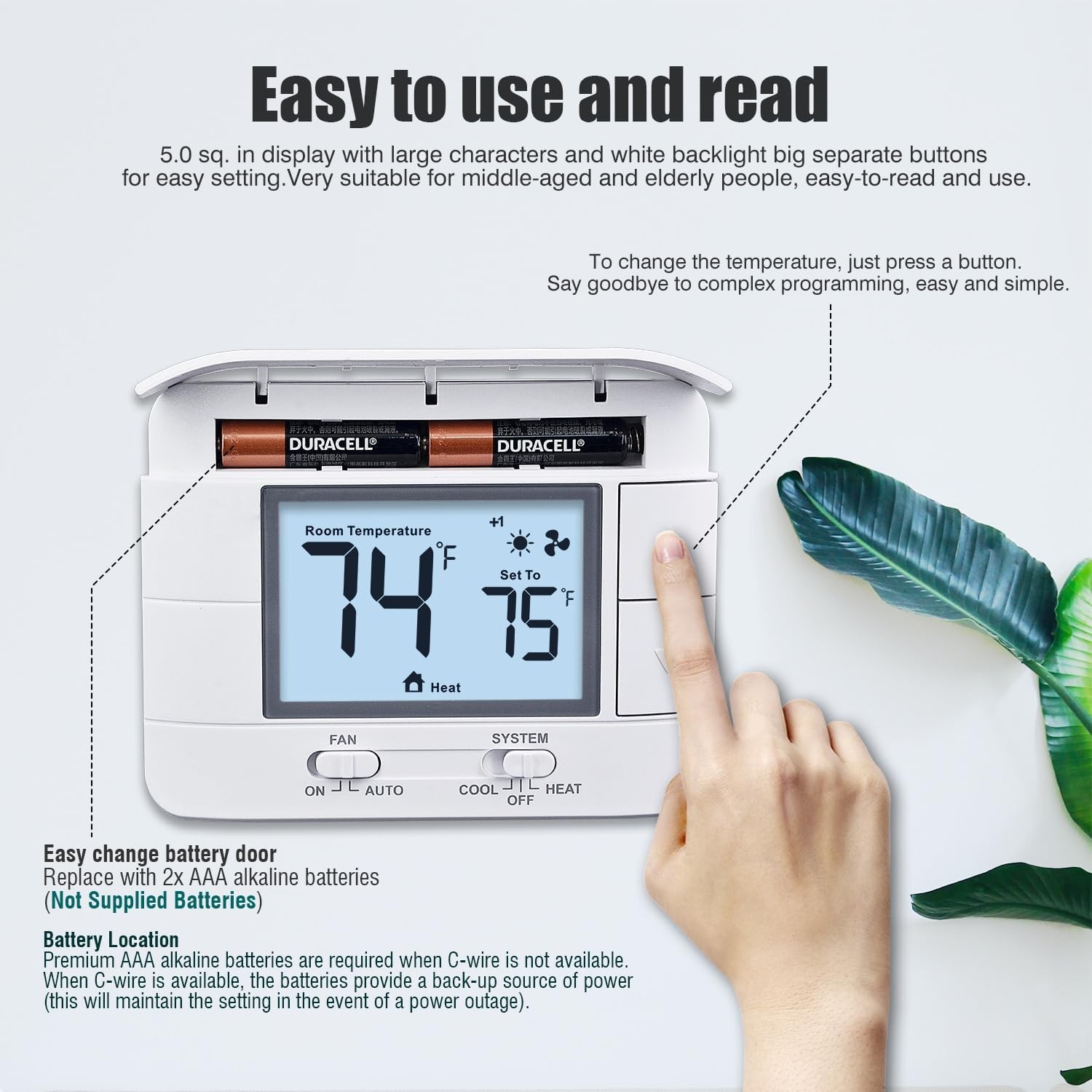 Non Programmable Thermostat for Home 2 Heat 2 Cool Multistage System, White
