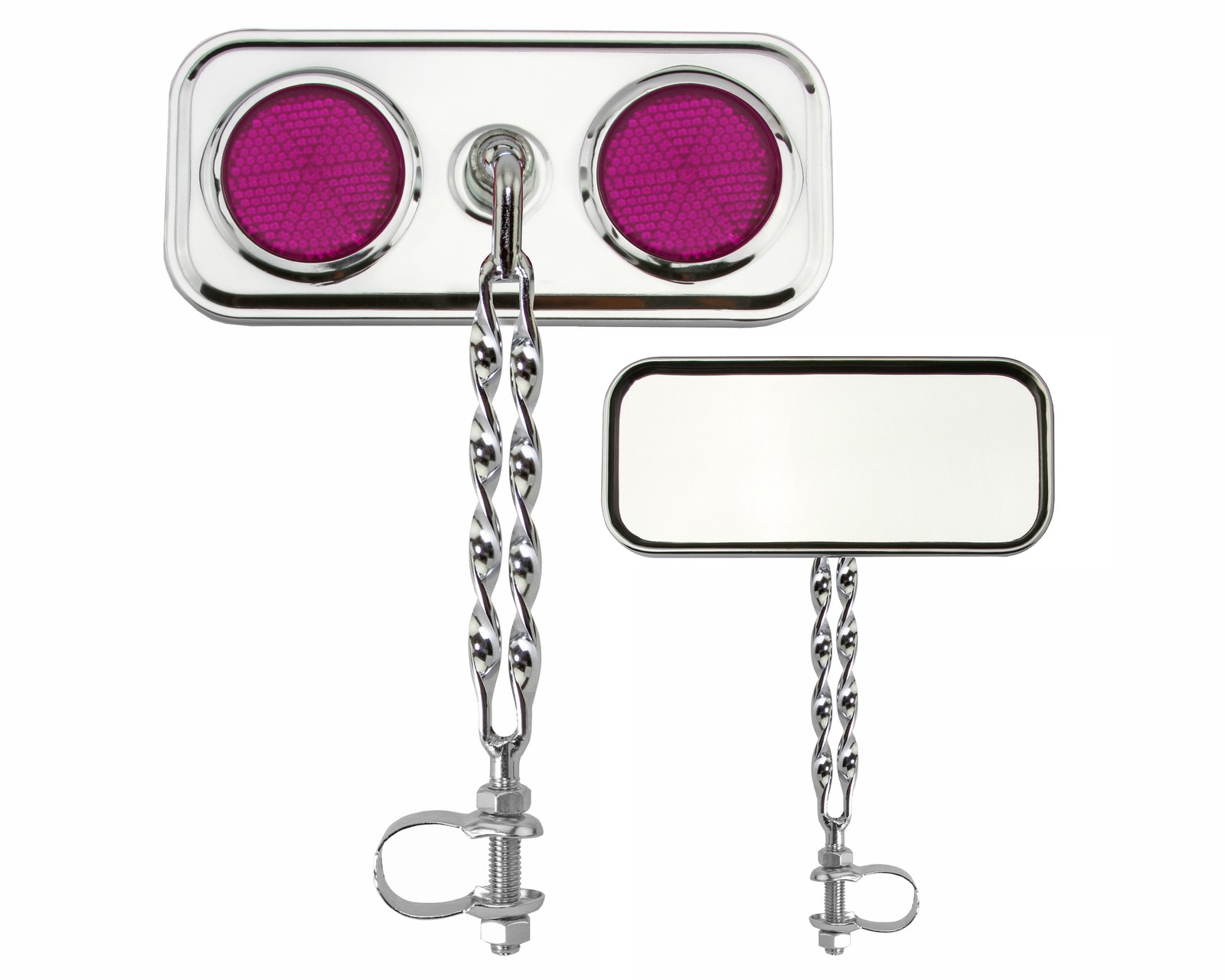Bike Rectangle Double Flat Twisted Mirror Chrome Purple Reflectors.