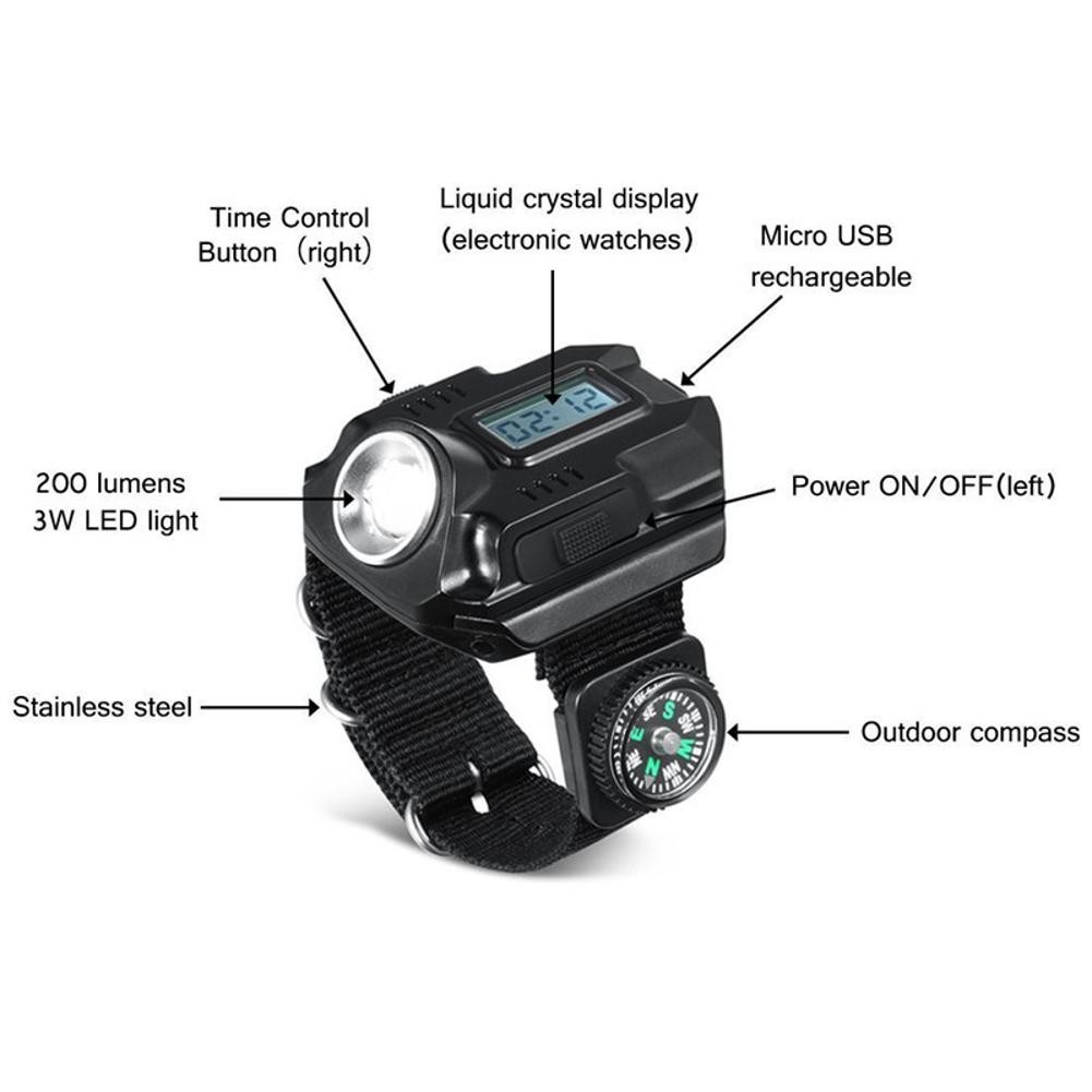 LED Wrist Watch Flashlight Torch Light USB Charging Rechargeable Flashlight C