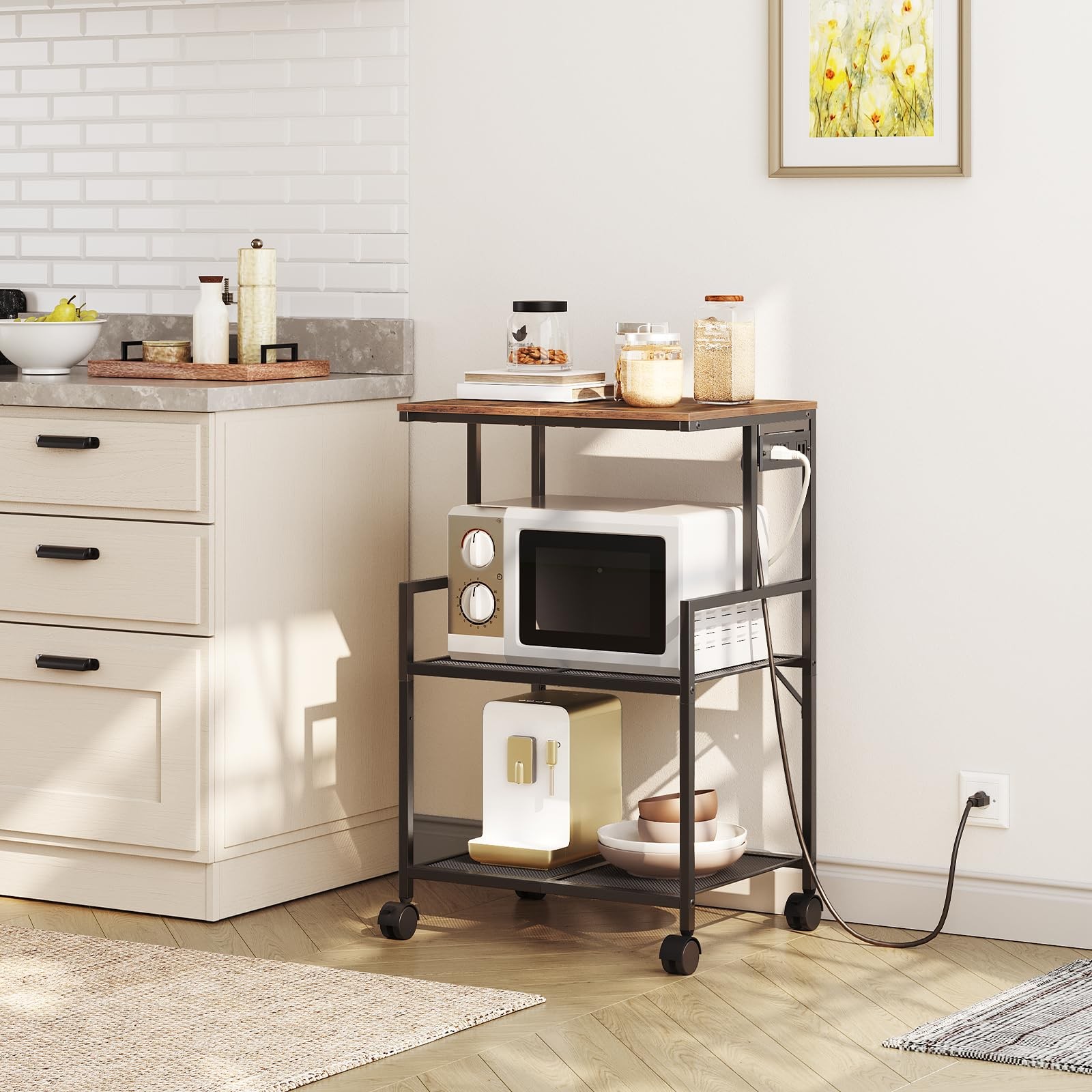 Mobile Printer Stand, 3-Tier Industrial Printer Cart with Power Outlets and 2...