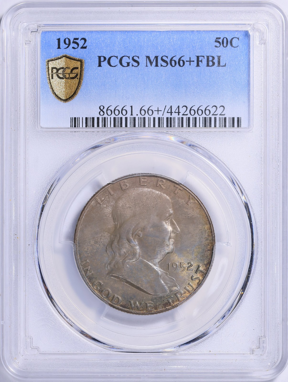 1952 Franklin Half PCGS MS66+ FBL Pastel Toning Secured Holder