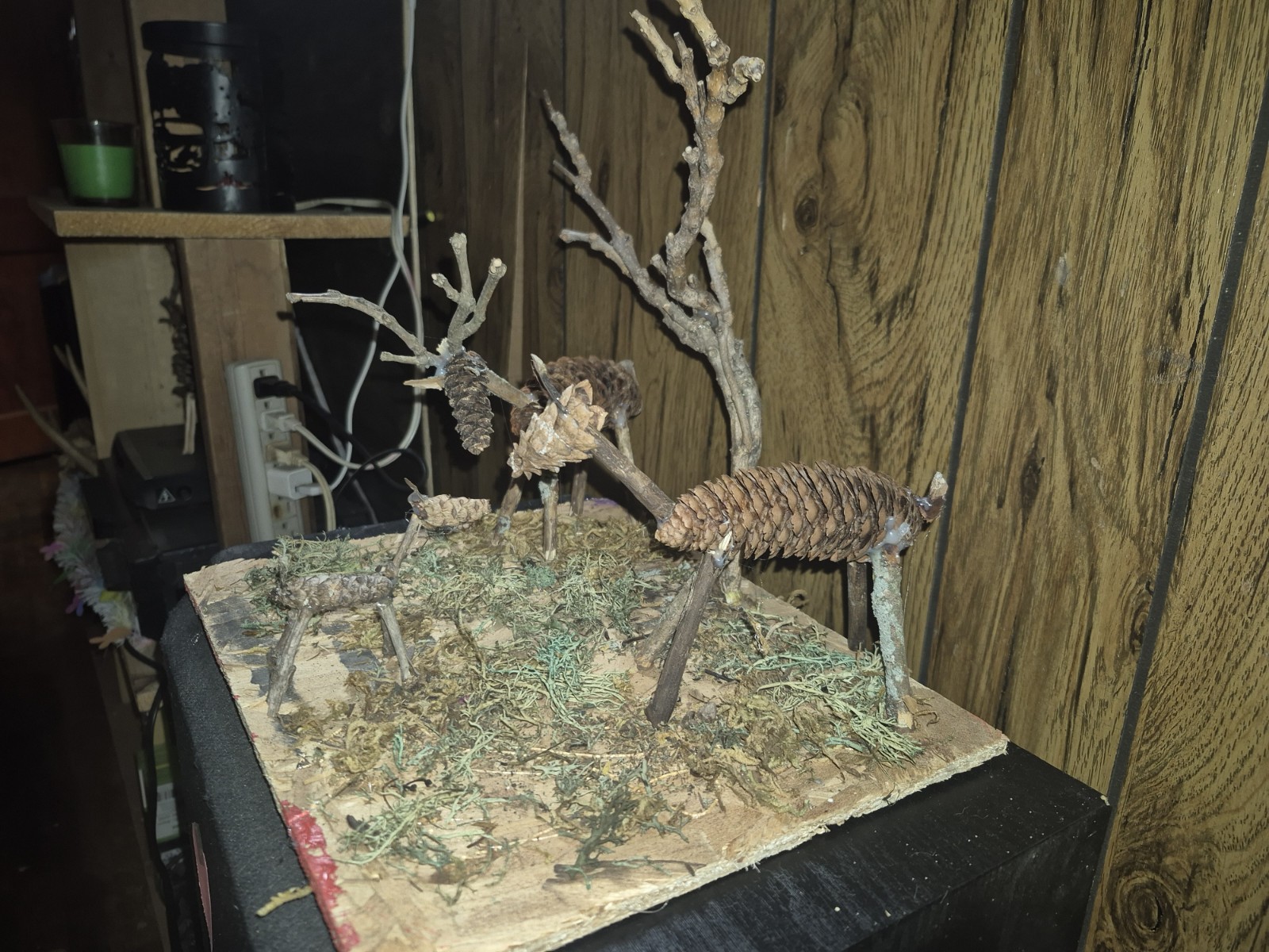 Handmade Rustic Pinecone Deer Family Diorama – Woodland Folk Art Sculpture