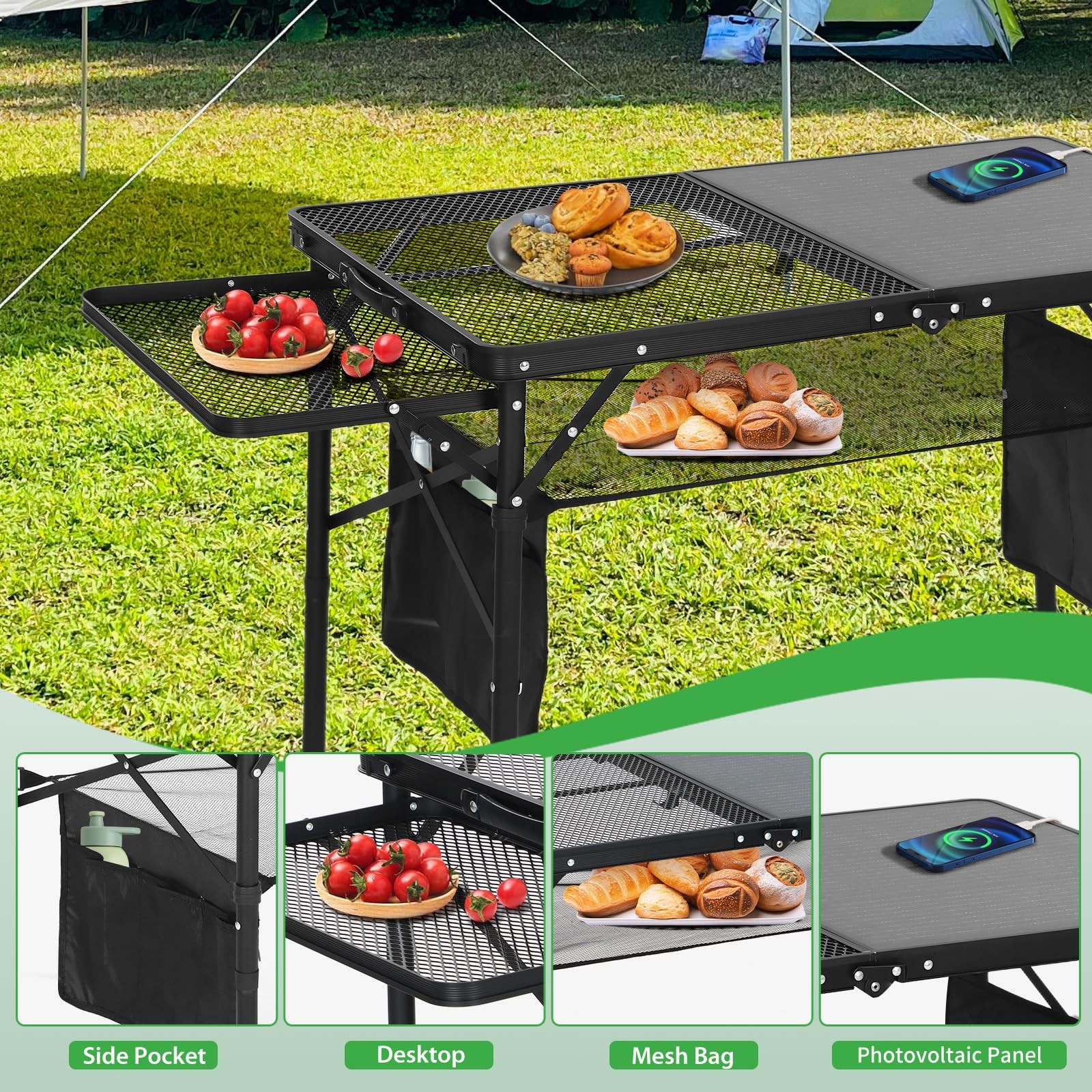 Nice C Camping Table with Solar Charger, Side Shelves, Mesh Net & Cup Holders