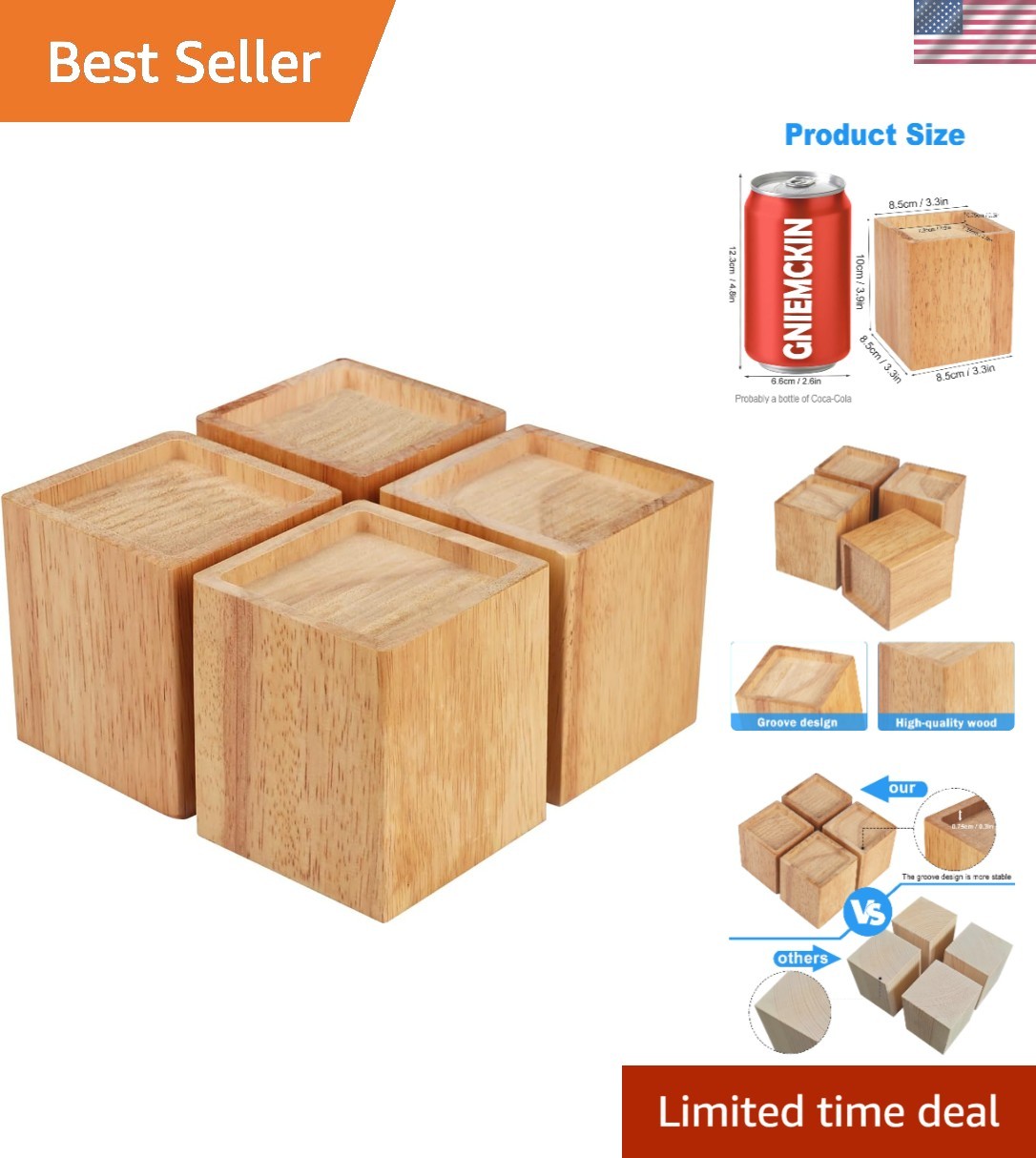 Stylish 4-Inch Wood Bed Risers - Natural Heavy Duty Lifters for Furniture