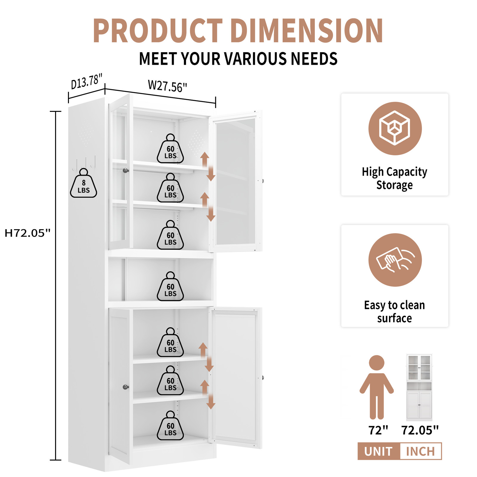 Metal Kitchen Pantry Cabinet - 72" Tall Storage with Adjustable Shelves , Heav