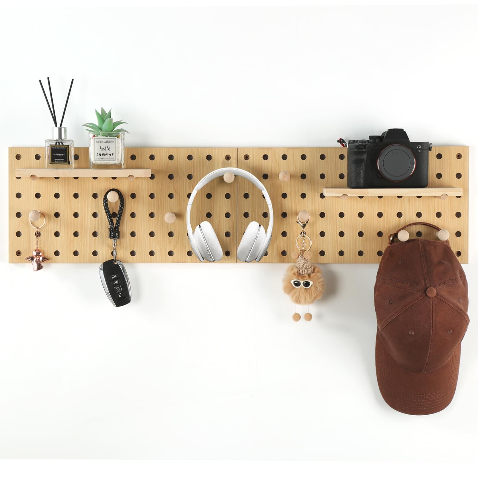 2 Pack Beige Wooden Pegboard Modular Wall Organizer Includes Hooks & Shelf