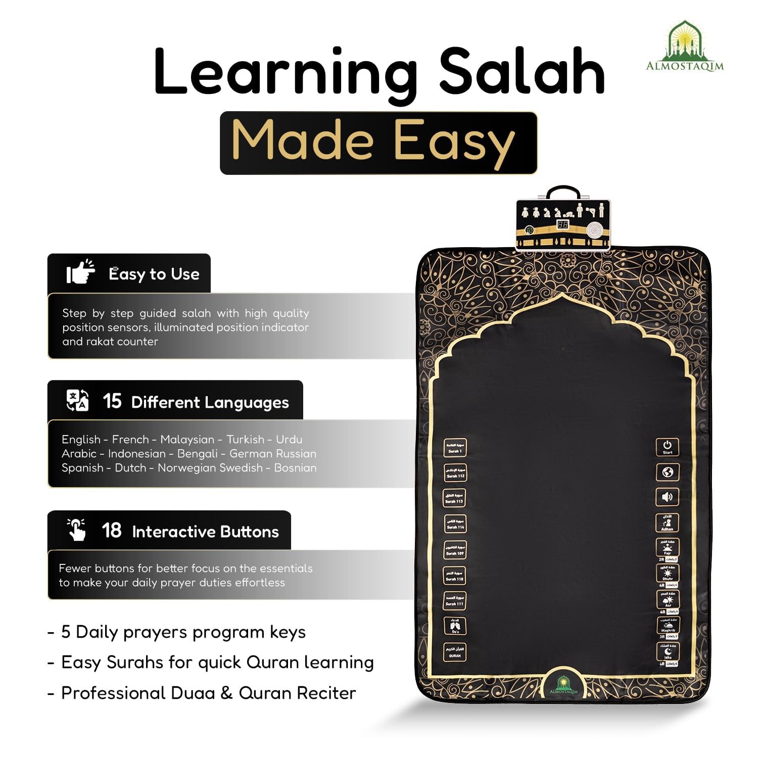 ALMOSTAQIM Educational Prayer Mat for Teens 2'3" x 3'11" (Rectangular), Black