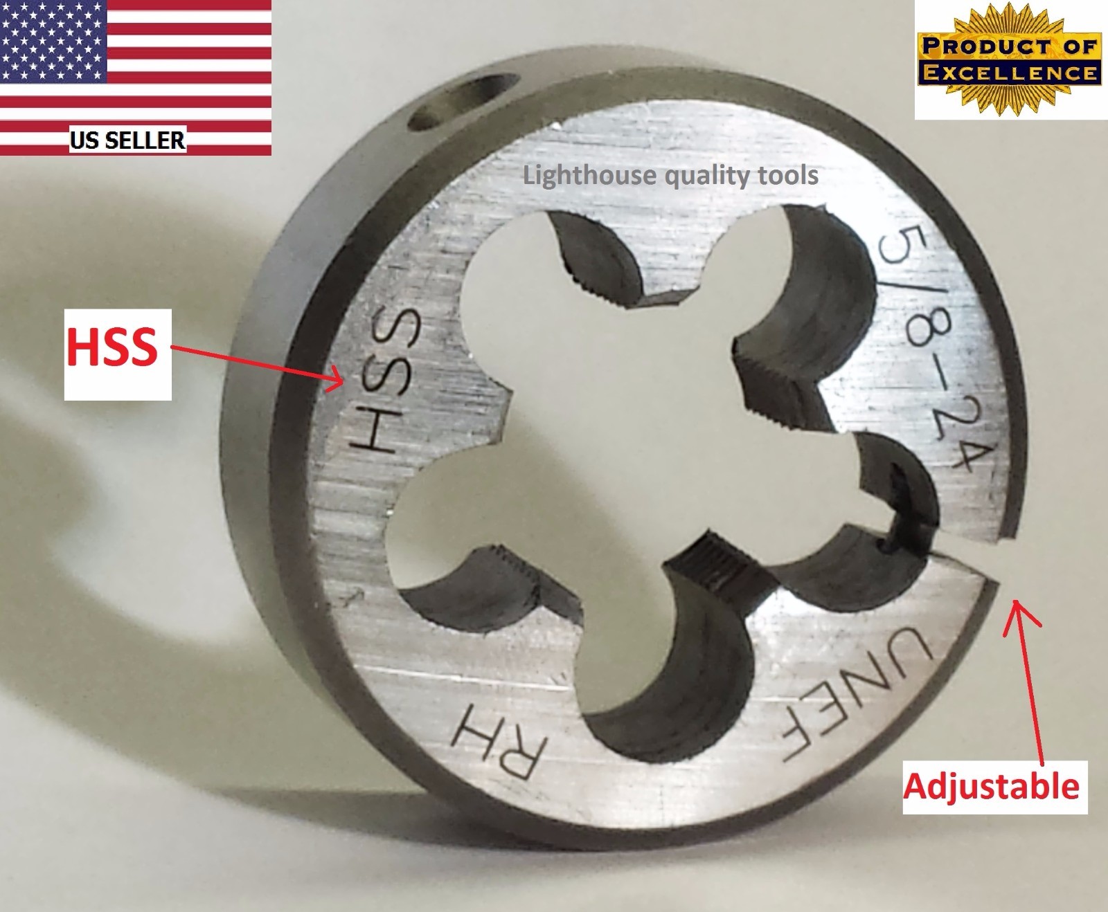 Lighthouse quality tools® 5/8-24 RH Adjustable HSS round threading Die 1-1/2" OD