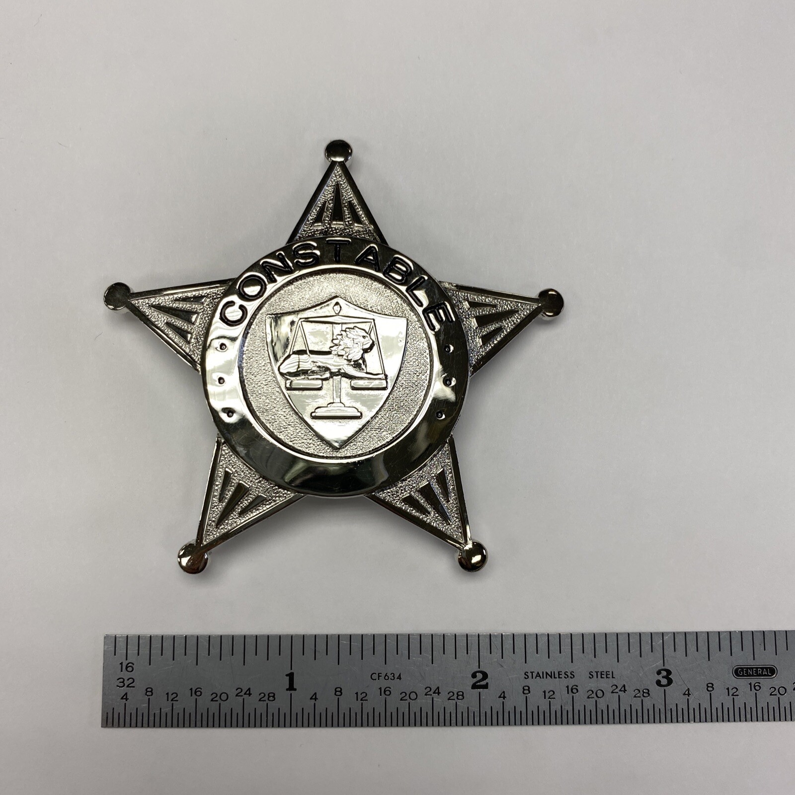 Constable Badge Silver Star W/Lion & Scales - Thread And Rod & Pin Backing - NEW