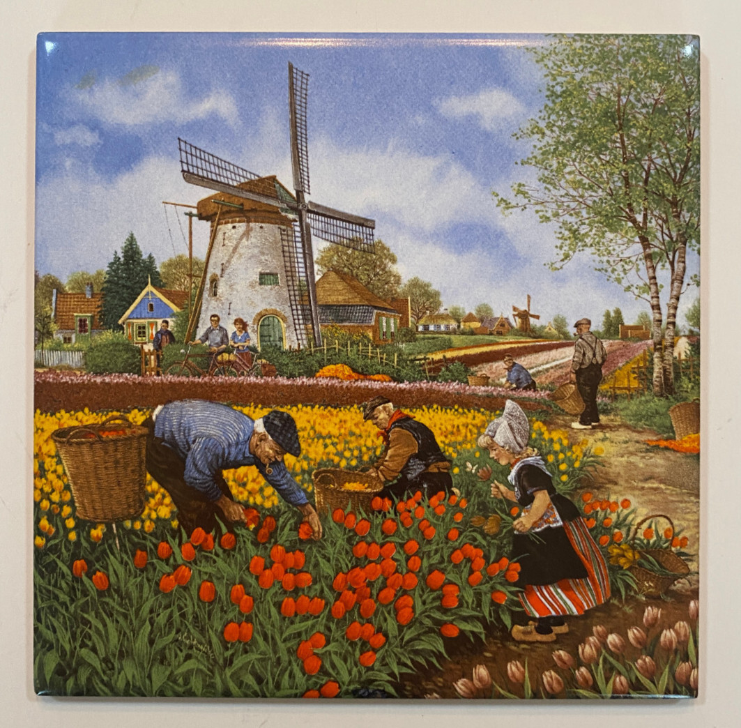 Vintage Windmill Tulip Picking Tile - Holland - Hand Decorated by Ter Steege bv