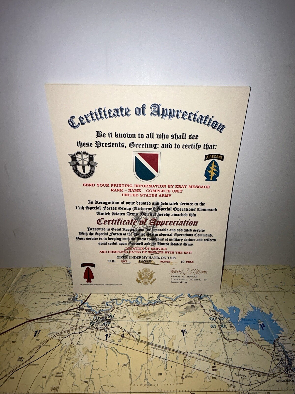 U.S. ARMY - 11TH SPECIAL FORCES GROUP (ABN) CERTIFICATE OF APPRECIATION