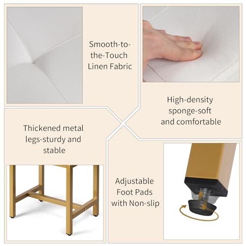 Saddle Seat Vanity Stool, Makeup Stool Chair with Metal Leg, Linen White & Gold