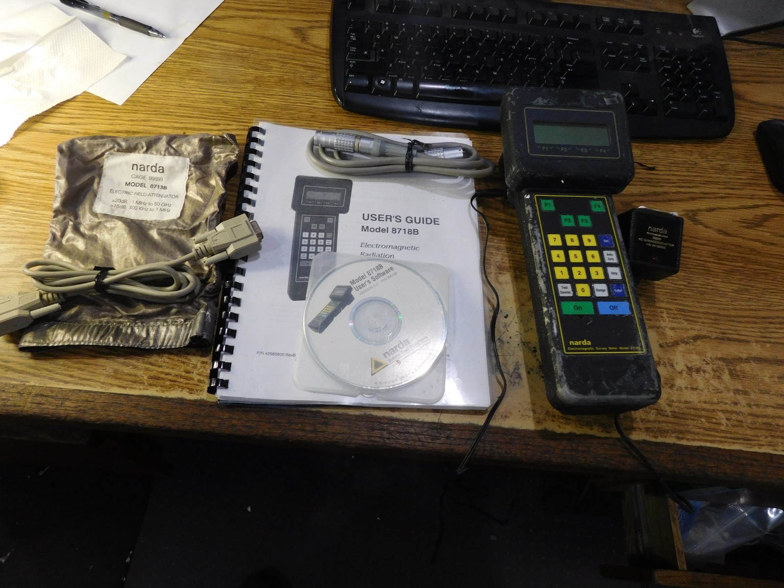 Narda Model: 8718B  Meter w/ Manual, Disk, AC Adapter and Cables Pictured.