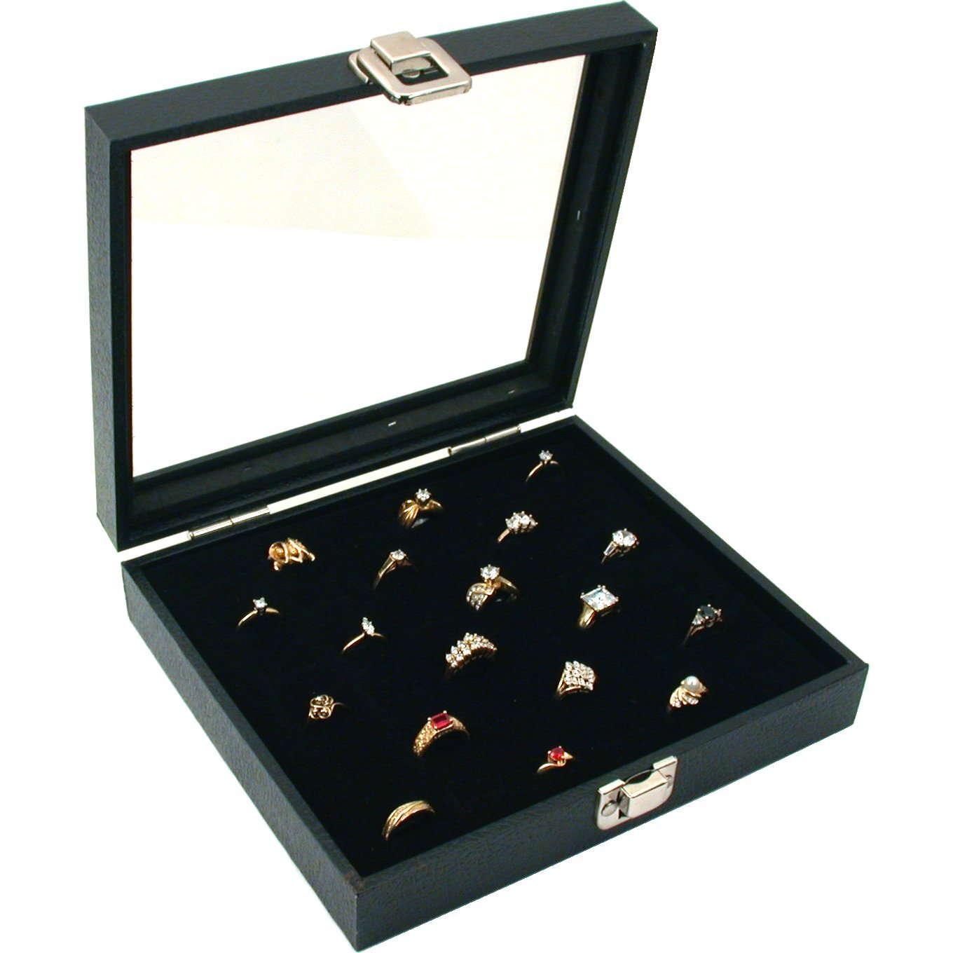 Glass Lid Case Black, 36 Slot Ring Insert Black 2Pcs
