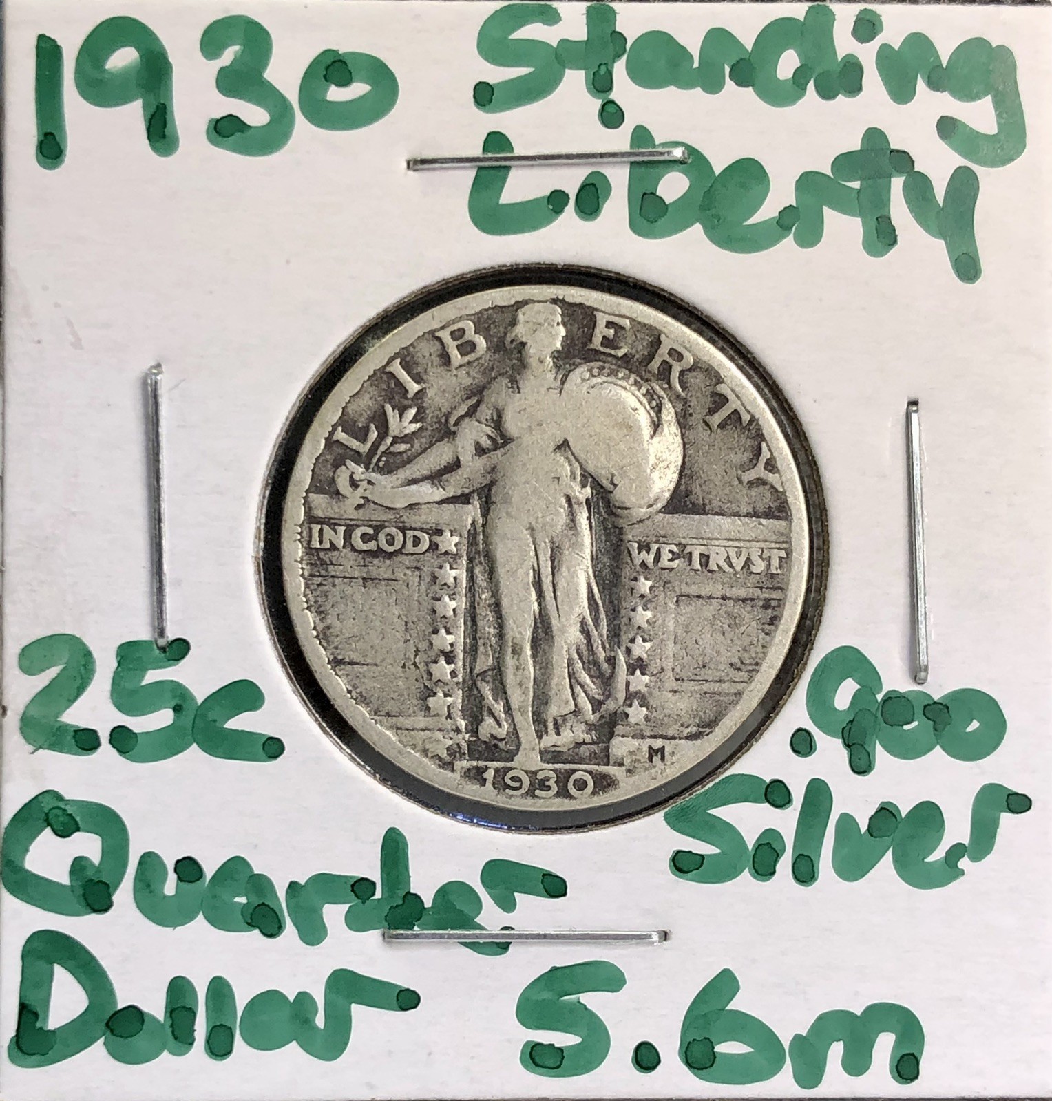 1930 Standing Liberty 25c Quarter 90% Silver - Better Date - Only 5.6m Minted