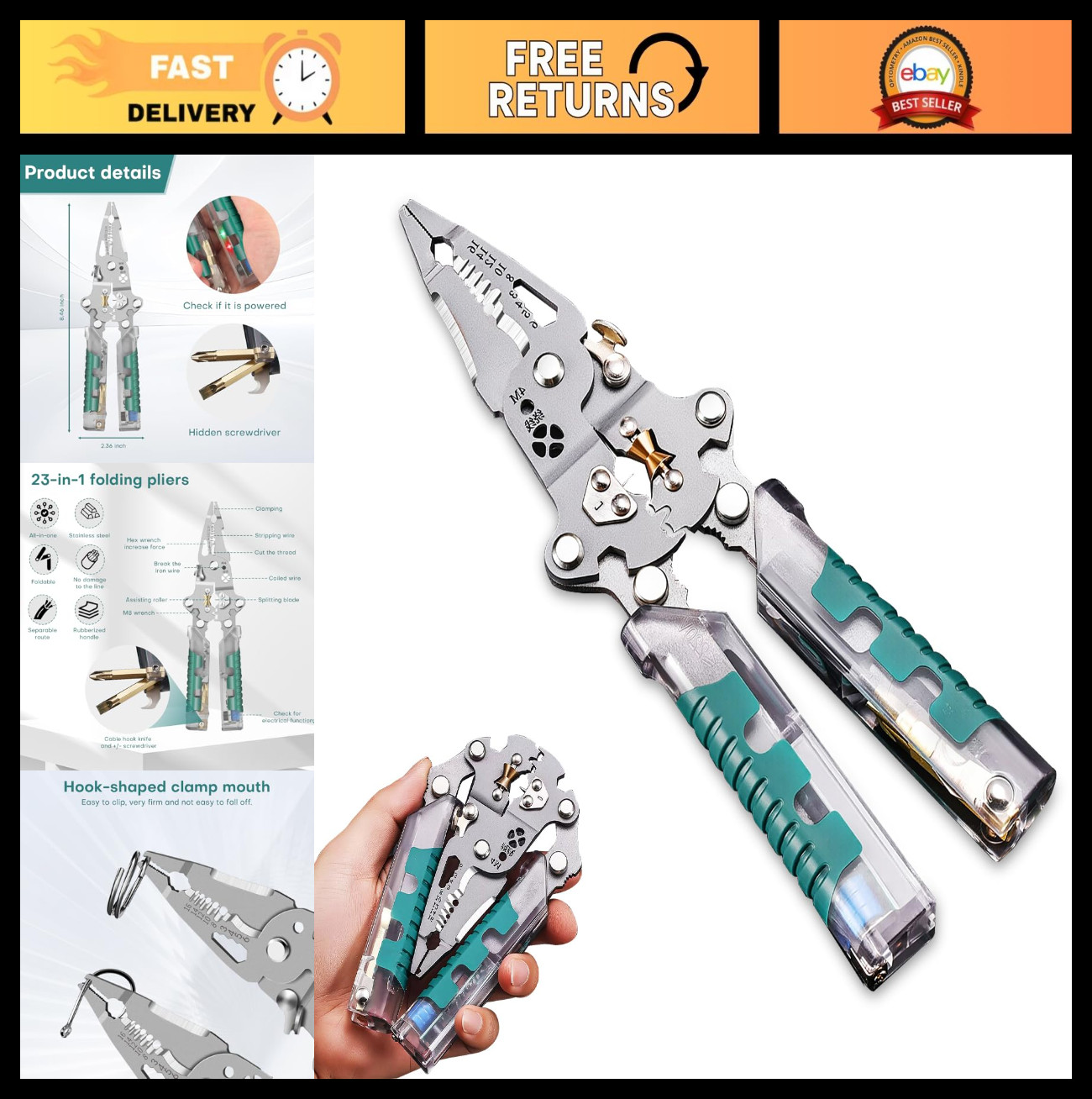 23-in-1 Foldable Wire Stripper Tool with Voltage Test, Dual Alarms & Pliers for