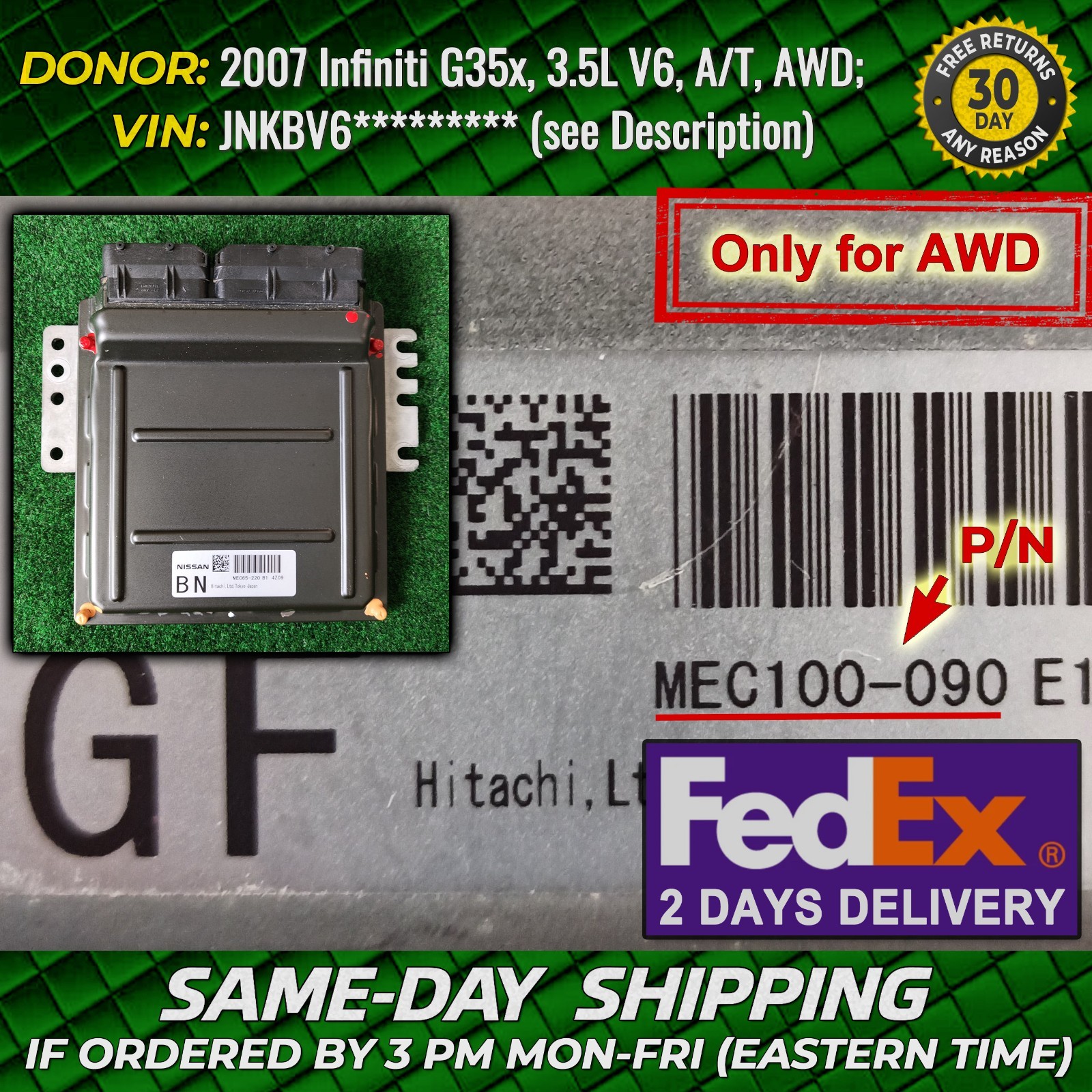 2007 Infiniti G35x G35xS MEC100-090 E1 Engine MEC100090E1 Module ECM ECU AWD OEM