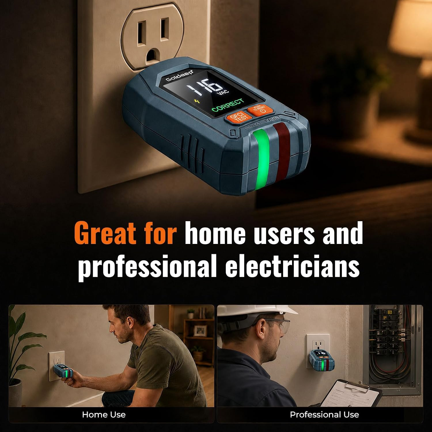 GFCI Outlet Tester for Socket Test Plug Checker for Grounding-Green | with LCD D