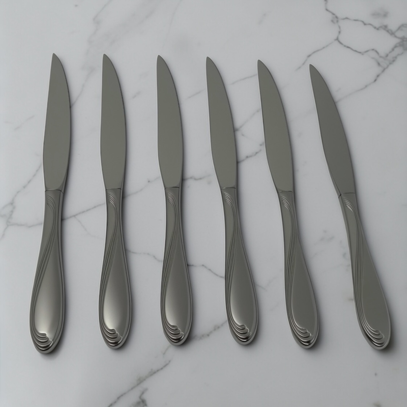 Oneida Satin Camber Scroll Set of 6 Hollow Handle Steak Knives 9 3/8"