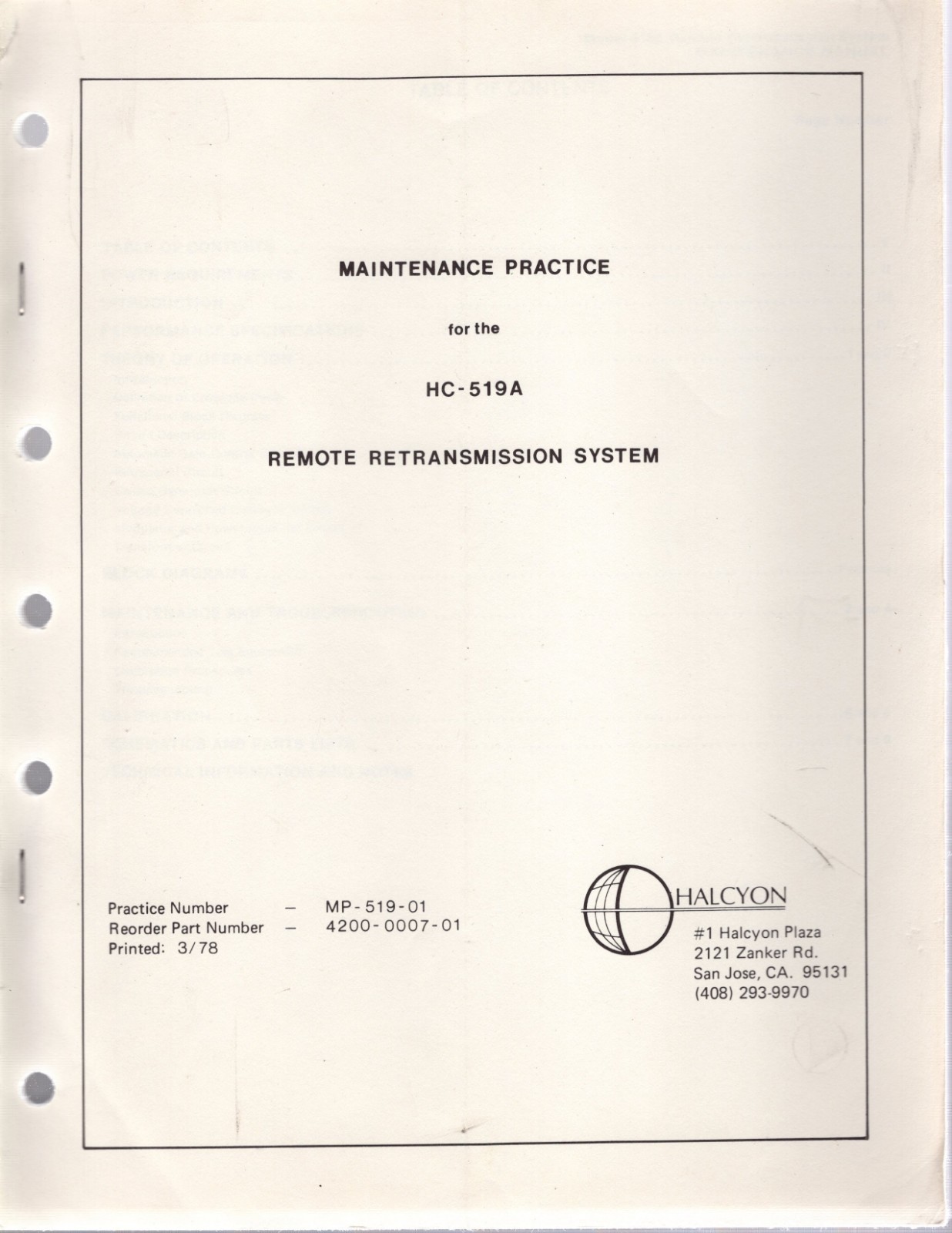 Original Halcyon Maintenance Practice for HC-519A Remote Retransmission System
