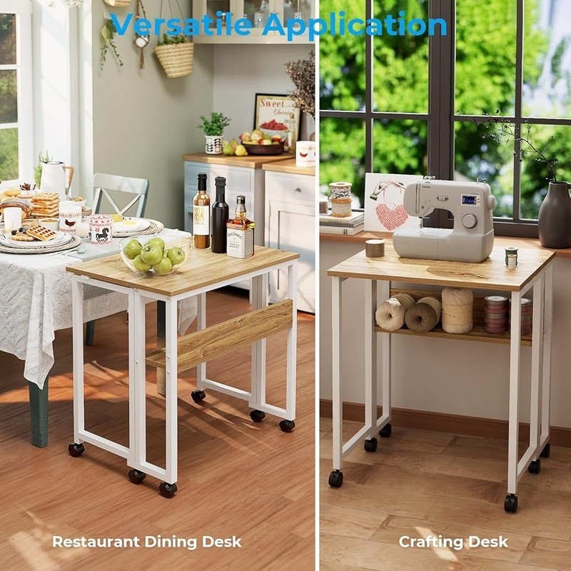 Portable Folding Desk W/ Locking Wheels Storage Shelf Mobile Workstation New