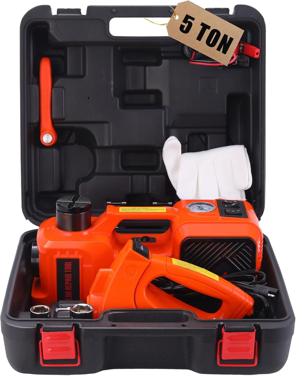 Electric Hydraulic Car Jack Kit with Impact Wrench and Tire Inflator Pump, 5 Ton
