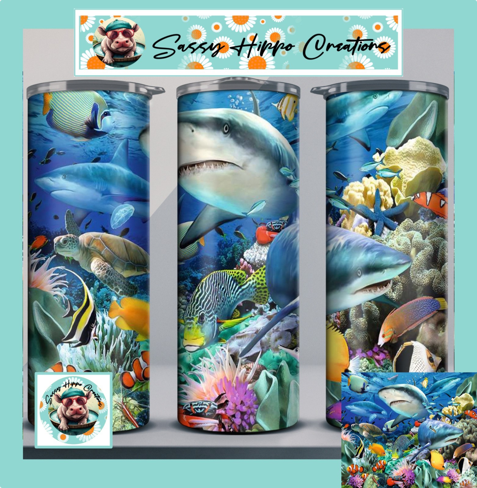 Skinny Tumbler Shark Ocean Coral Scene Beach 20oz Stainless-Steel Sublimated