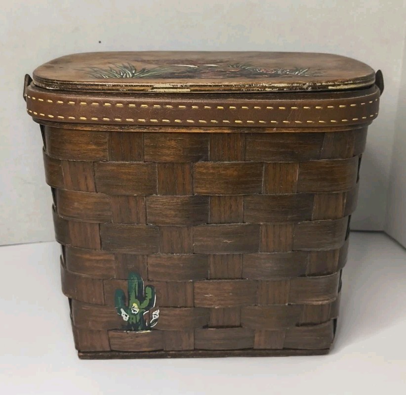 Vintage 1970 Caro-Nan Wood Slat Artist Signed Picnic Basket