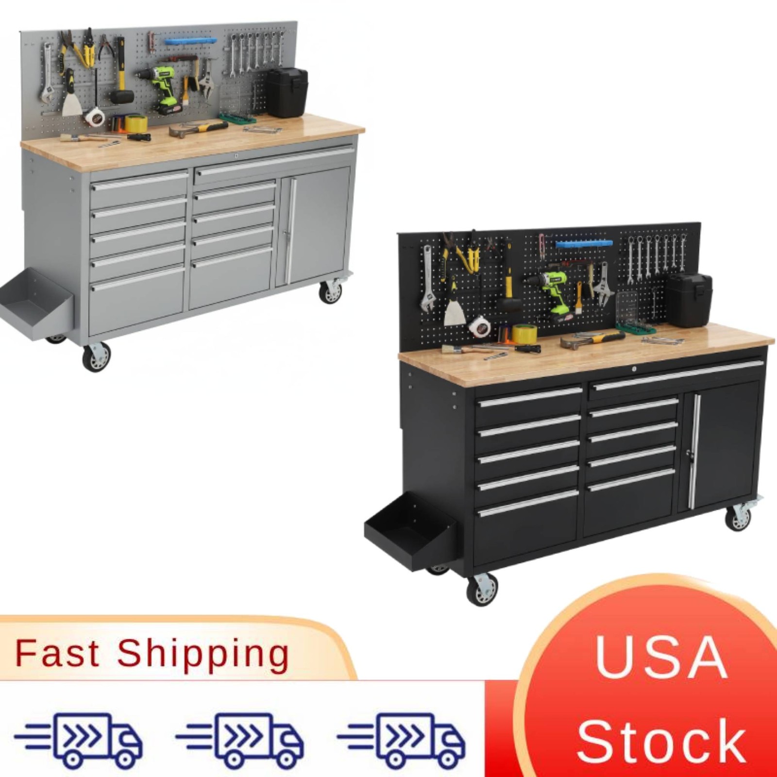 Built-in Power Strip 10 Drawer Rolling Tool Chest 61inch Workbench Cabinet With